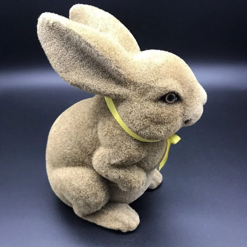 Vintage Flocked Rabbit Bunny Figure Brown Yellow Bow Easter Spring 8